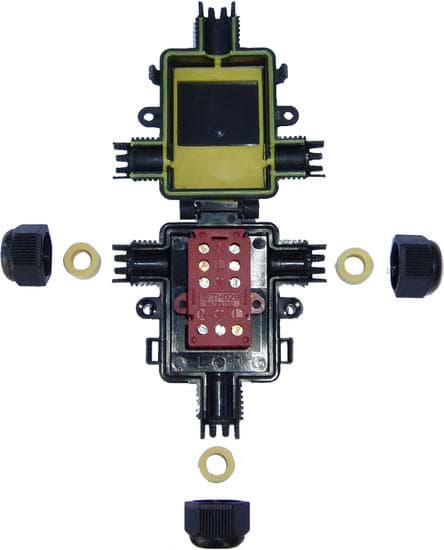 Afbeelding van kabeldoos 3-weg-T D4,5-9,5 + klemmenstrook 3+3-polig IP67 KIT